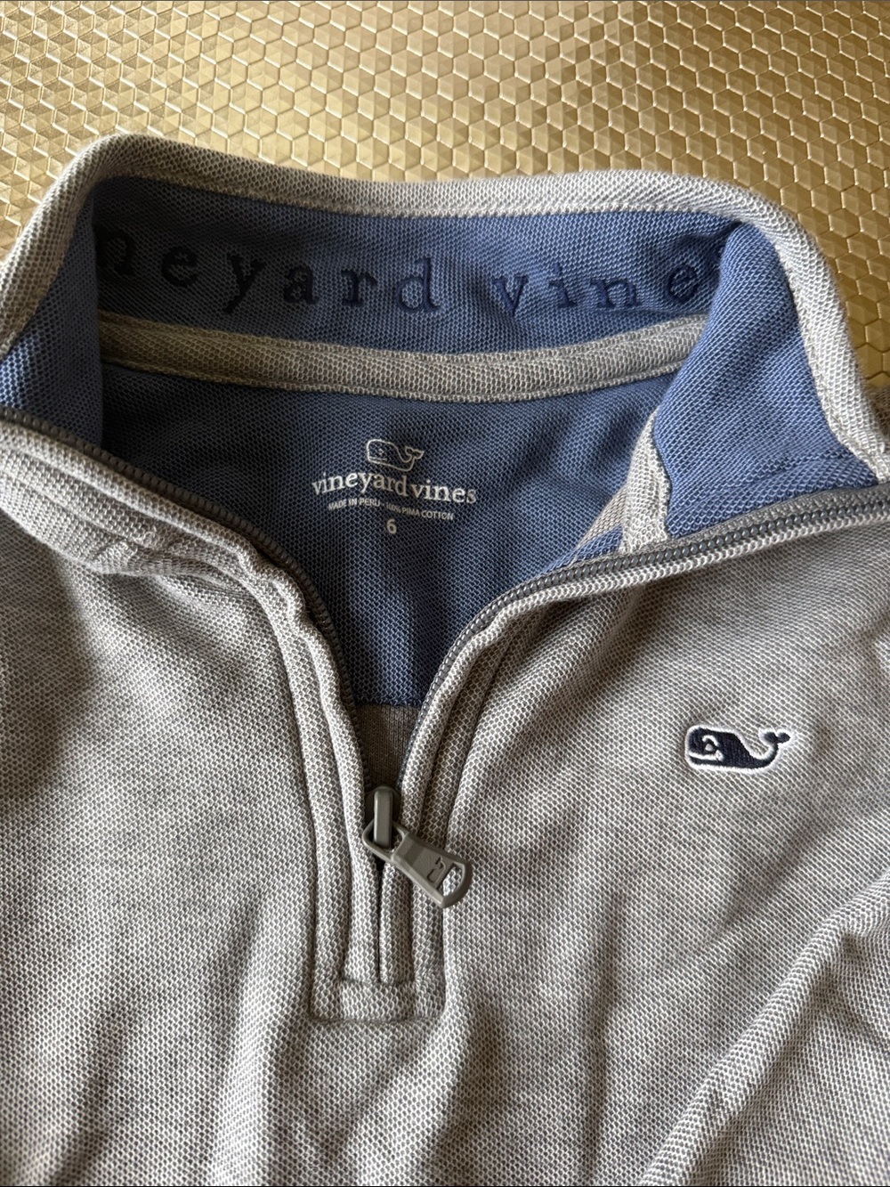 Vineyard Vines kids Gray Quarter-Zip Sweater with Blue Collar Trim
